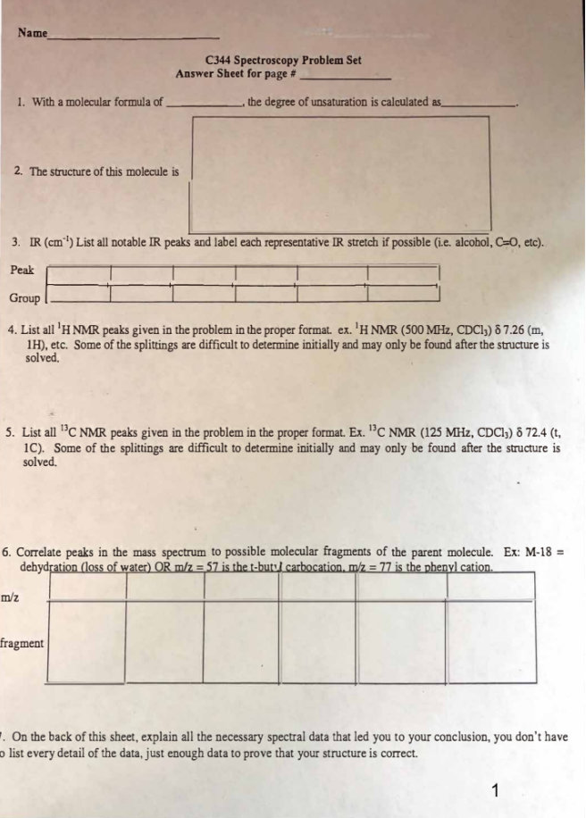 Need help ASAP!! Combined Spectroscopy problems. The answer sheet directly below is