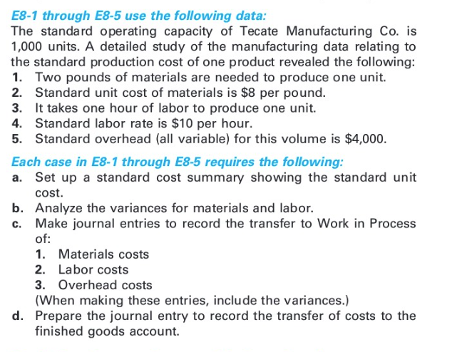 E8-1 through E8-5 use the following data: The standard operating capacity