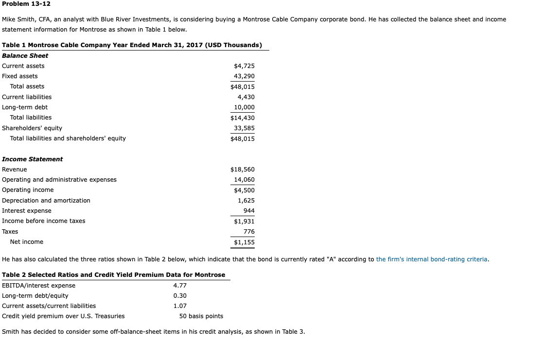 Problem 13-12 Mike Smith, CFA, an analyst with Blue River Investments,