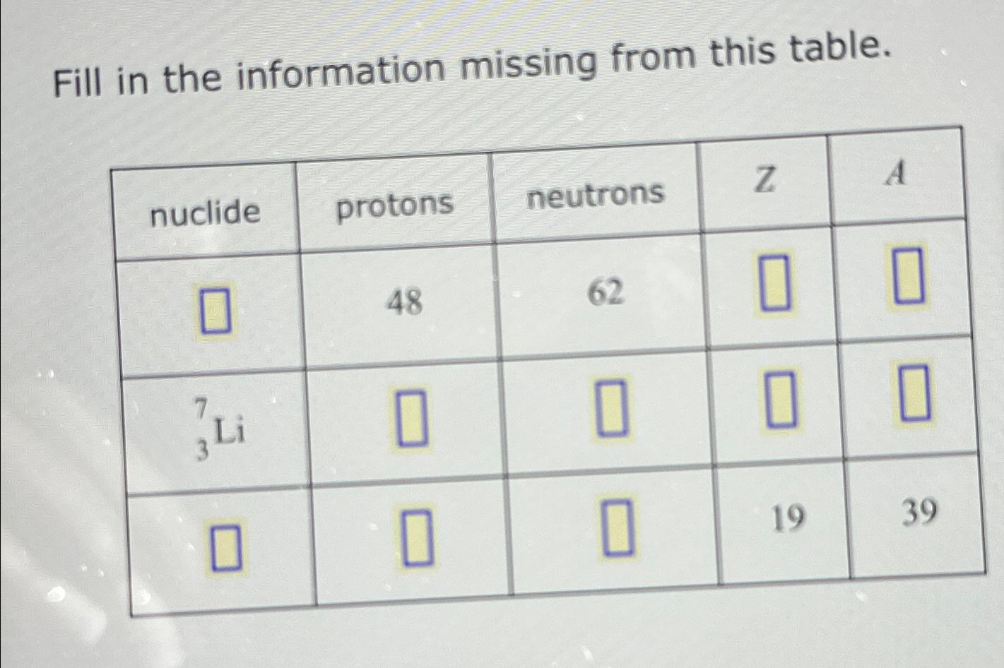  Fill in the information missing from this table. \table[[nuclide,protons,neutrons,Z,A 