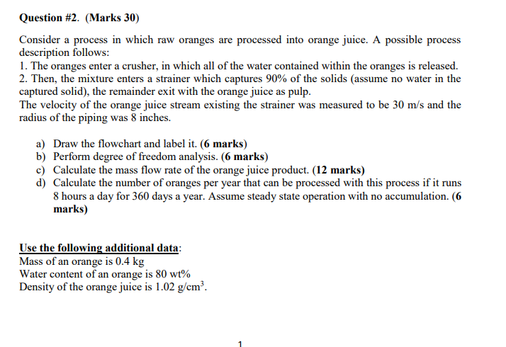 Question #2. (Marks 30) Consider a process in which raw oranges
