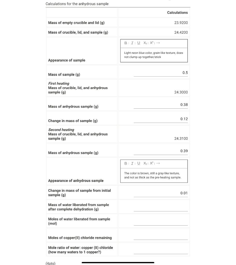 Need help with the empty spaces Calculations for the anhydrous sample Mass