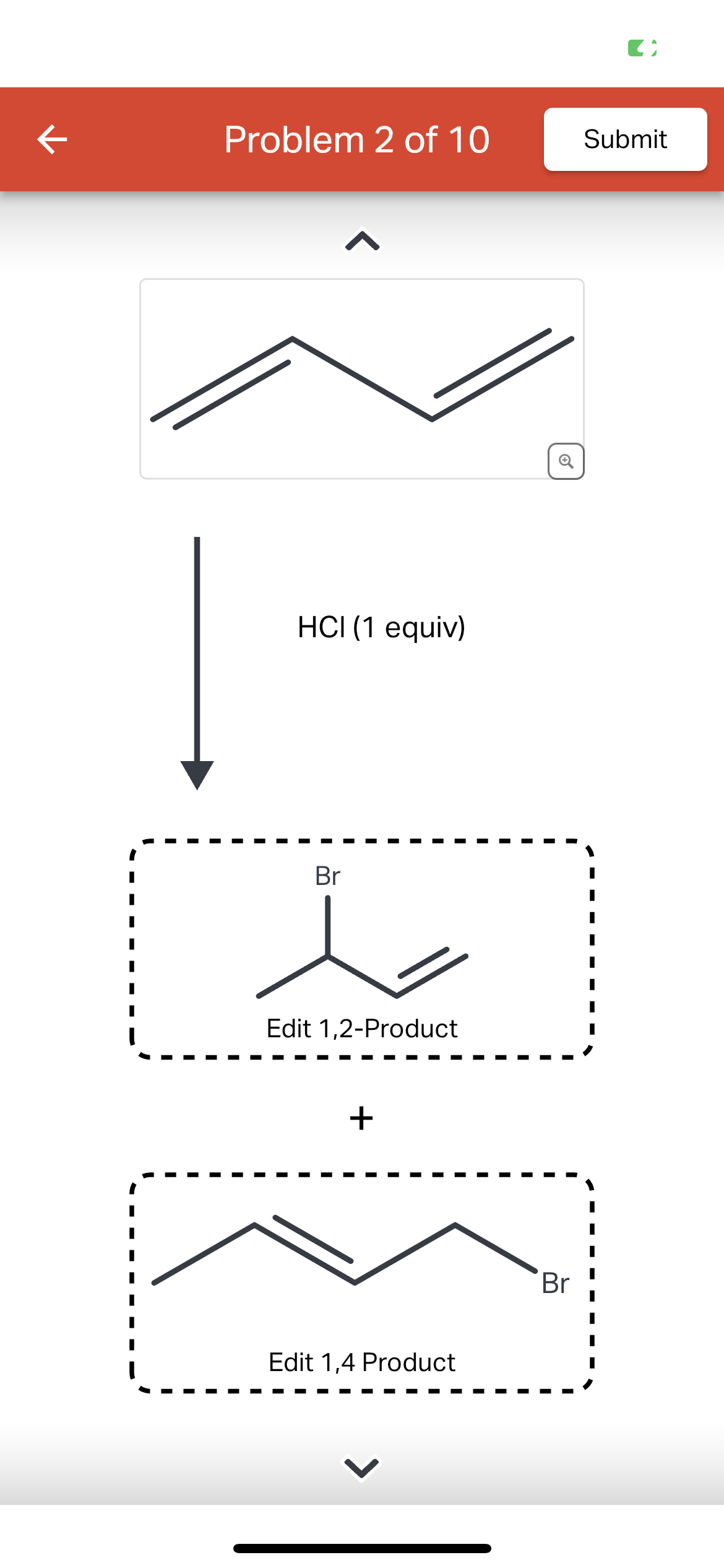  Draw the two possible products formed when 1,3-butadiene reacts with this