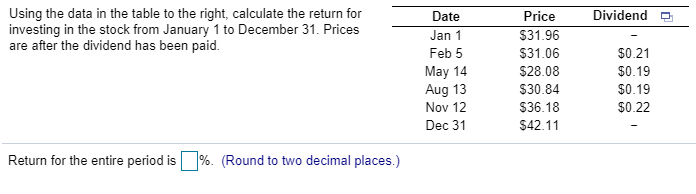 Dividendo Using the data in the table to the right, calculate