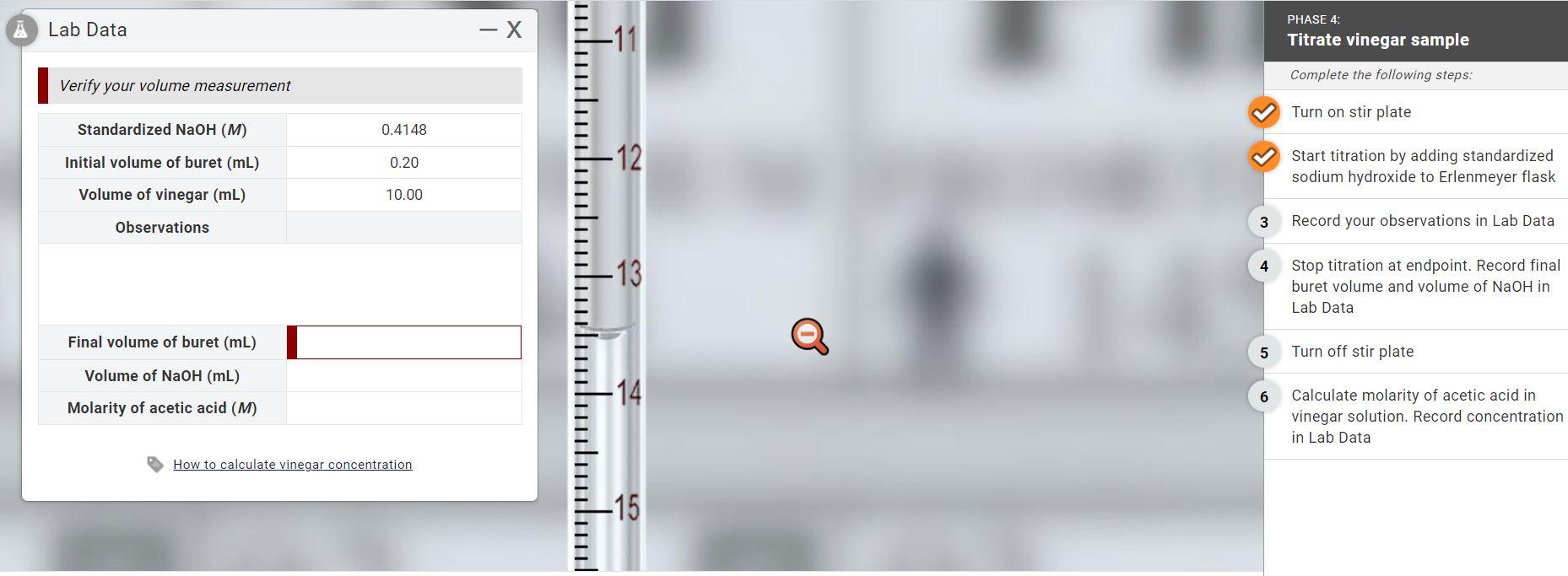 Complete the following steps: Start titration by adding standardized sodium hydroxide