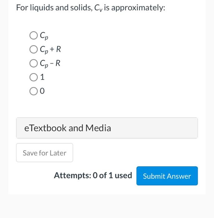 gas, Cp is equal to: OC, OC, +R OCv-R 01 0 e