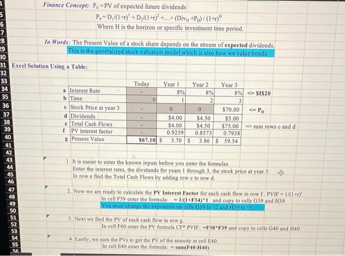 in the boxes! G H J Stock Valuation Estimating the present value