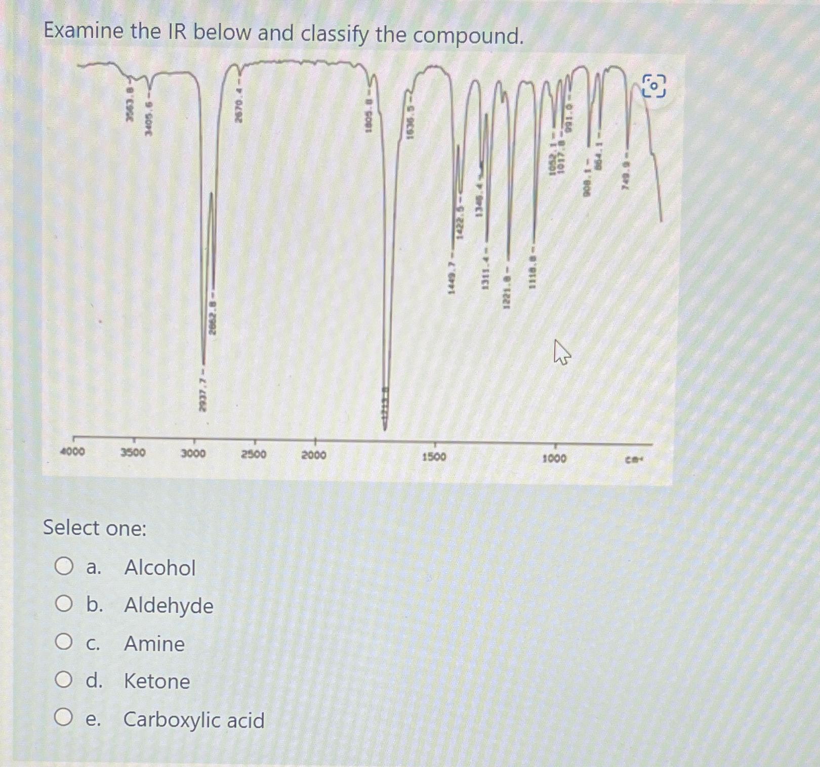  Examine the IR below and classify the compound. Select one: a.