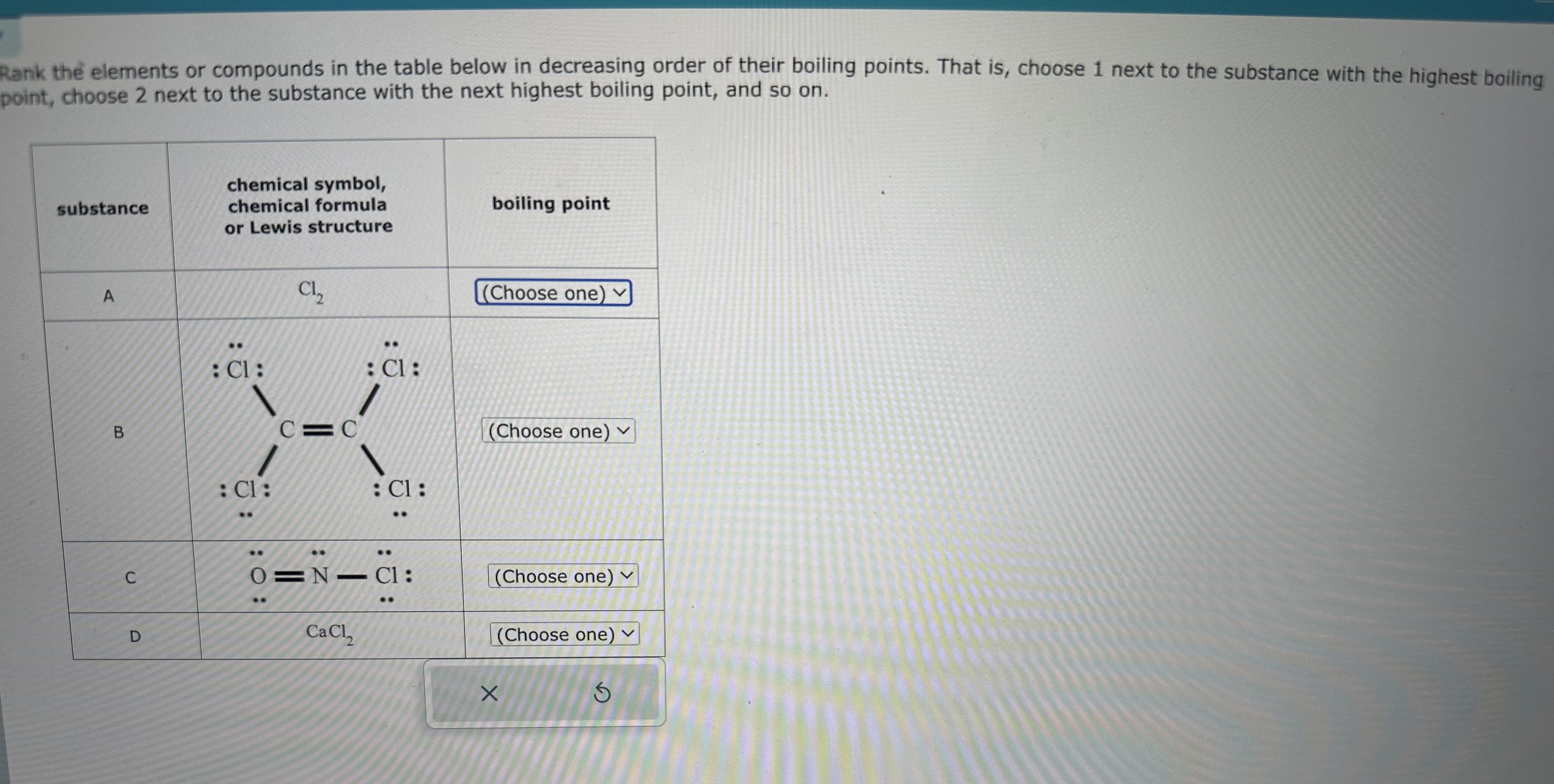  Rank the elements or compounds in the table below in decreasing