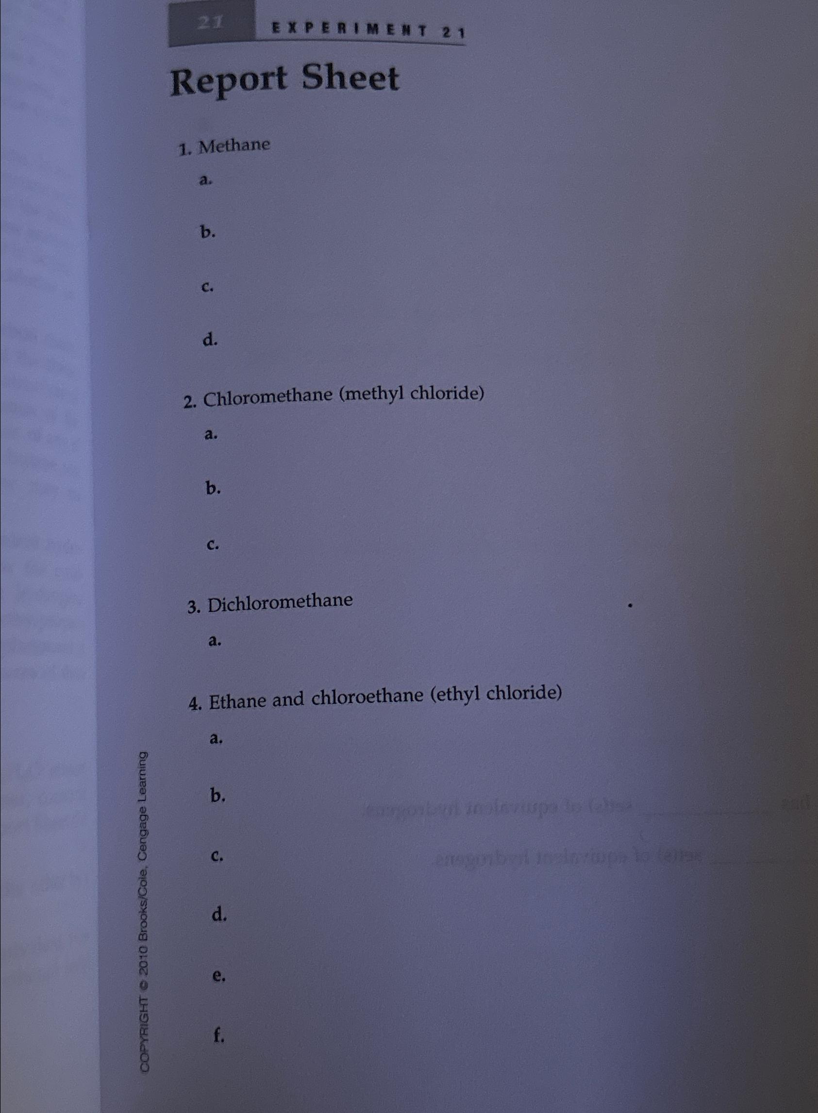  2x EXPERIMEMT 21 Report Sheet Methane a. b. c. d. Chloromethane