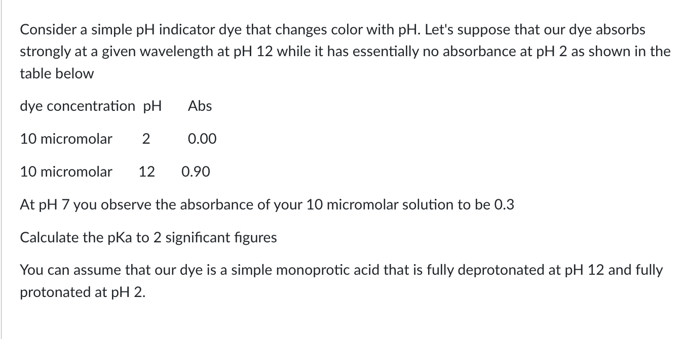  Consider a simple pH indicator dye that changes color with pH.
