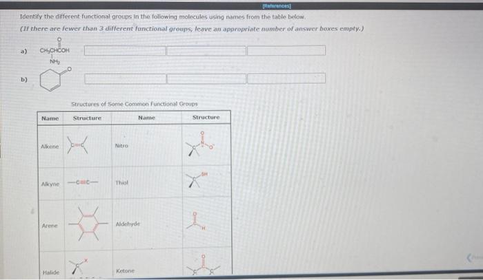  Tbentify the different functional groups in the following molecules using names