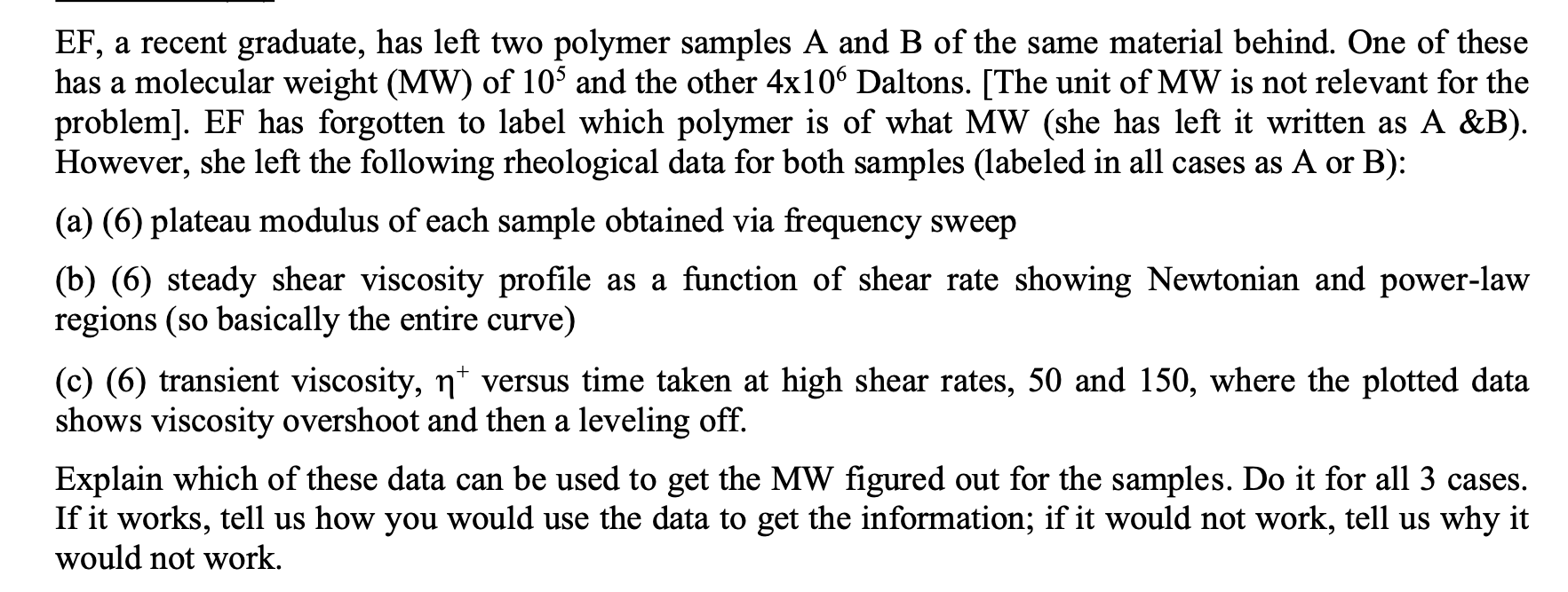 EF, a recent graduate, has left two polymer samples A and