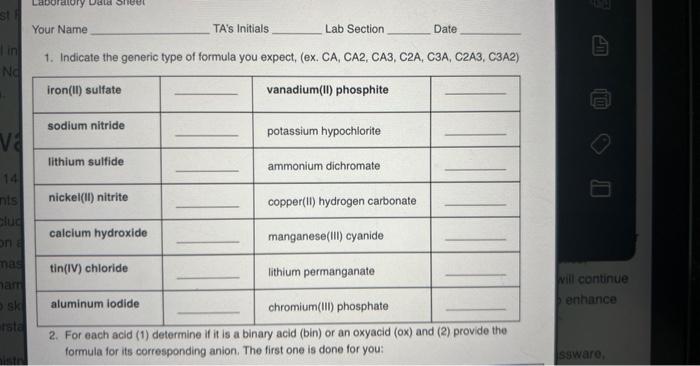  Your Name TA's Initials Lab Section Date 1. Indicate the generic