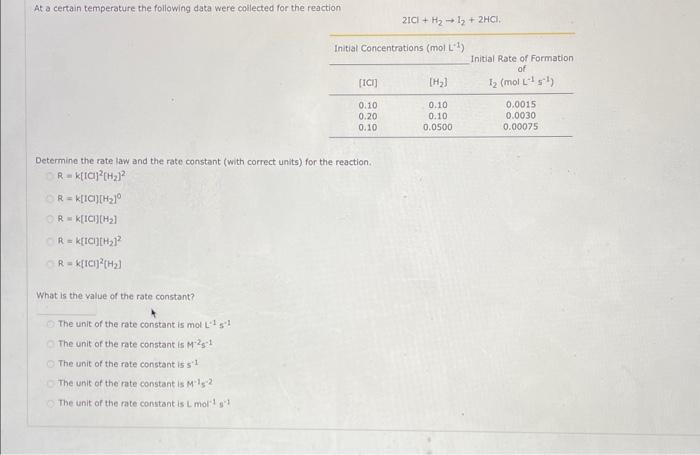  At a certain temperature the following data were collected for the