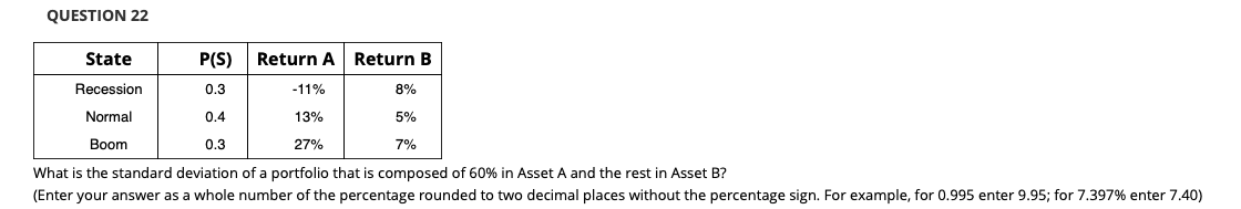 QUESTION 22 State P(S) Return A Return B 0.3 -11% 8%