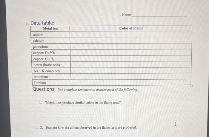 Flame Test Lab Questions: Use complete sentences to answer each of the