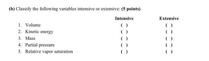  (b) Classify the following variables intensive or extensive: (5 points)