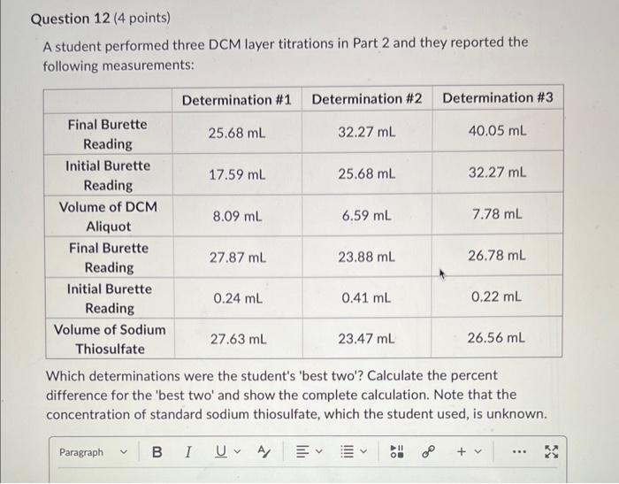  A student performed three DCM layer titrations in Part 2 and
