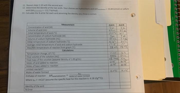 need help with enthalpy reaction 11. Repeat steps-1-10 with the second acid.