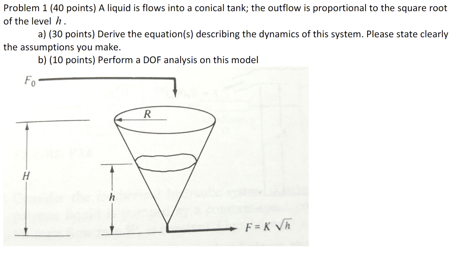  Problem 1 (40 points) A liquid is flows into a conical