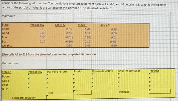 please use excel format Consider the following information. Your portfolio is invested