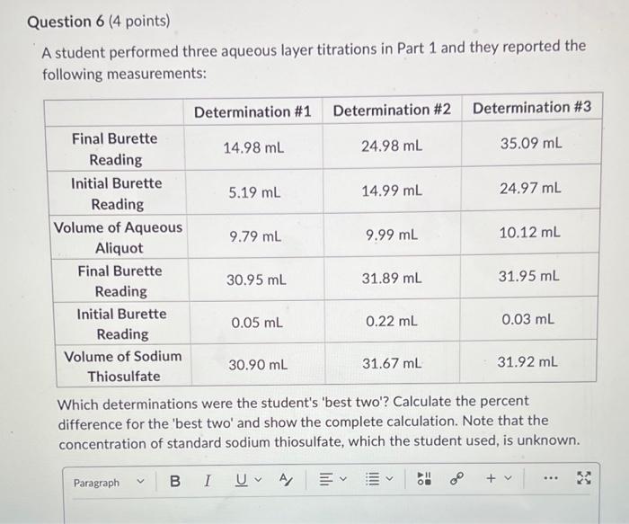  A student performed three aqueous layer titrations in Part 1 and
