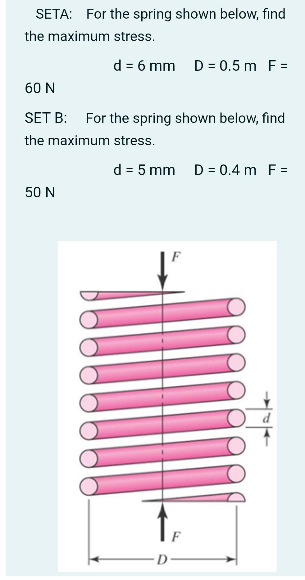 SETA: For the spring shown below, find the maximum stress. d