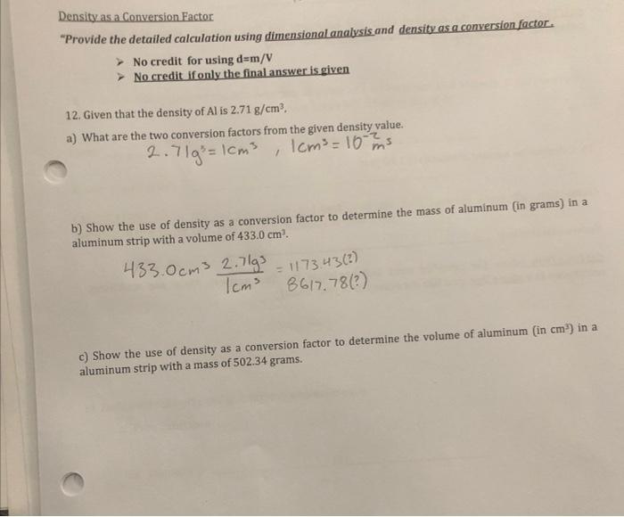 please help solve for 12b Density as a Conversion Factor "Provide the