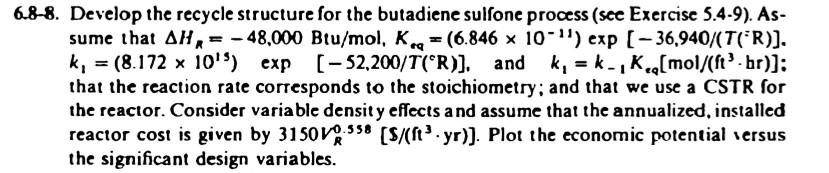  3-8. Develop the recycle structure for the butadiene sulfone process (see