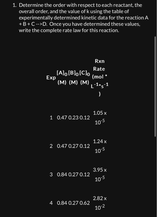  1. Determine the order with respect to each reactant, the overall