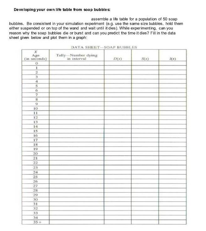 Developing your own life table from soap bubbles: assemble a life