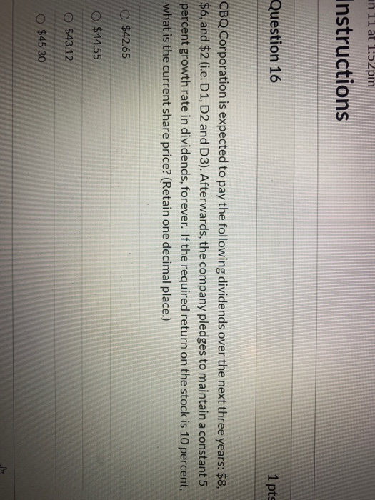  an 11 at 1:52pm Instructions Question 16 1 pts CBQ Corporation