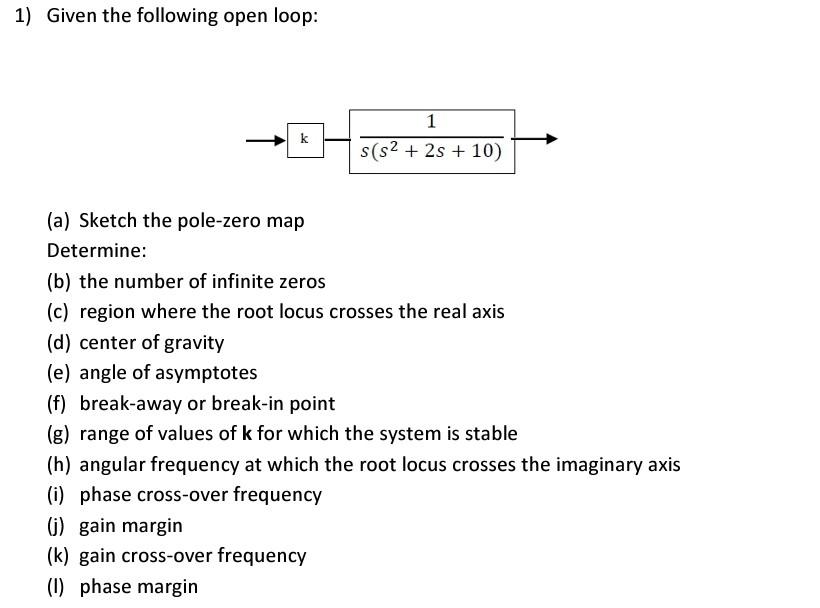  1) Given the following open loop: 1 s(s2 + 2s +