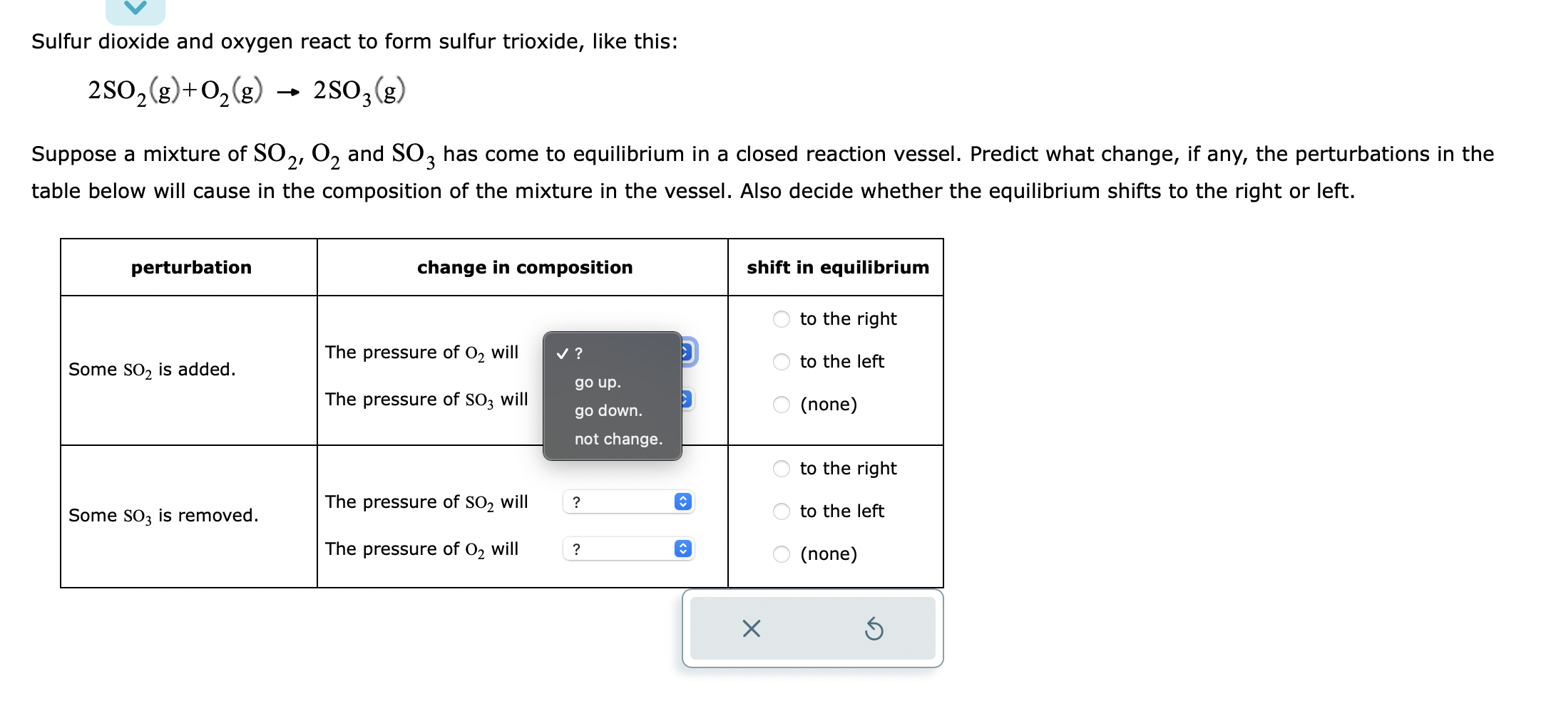 Sulfur dioxide and oxygen react to form sulfur trioxide, like this:
