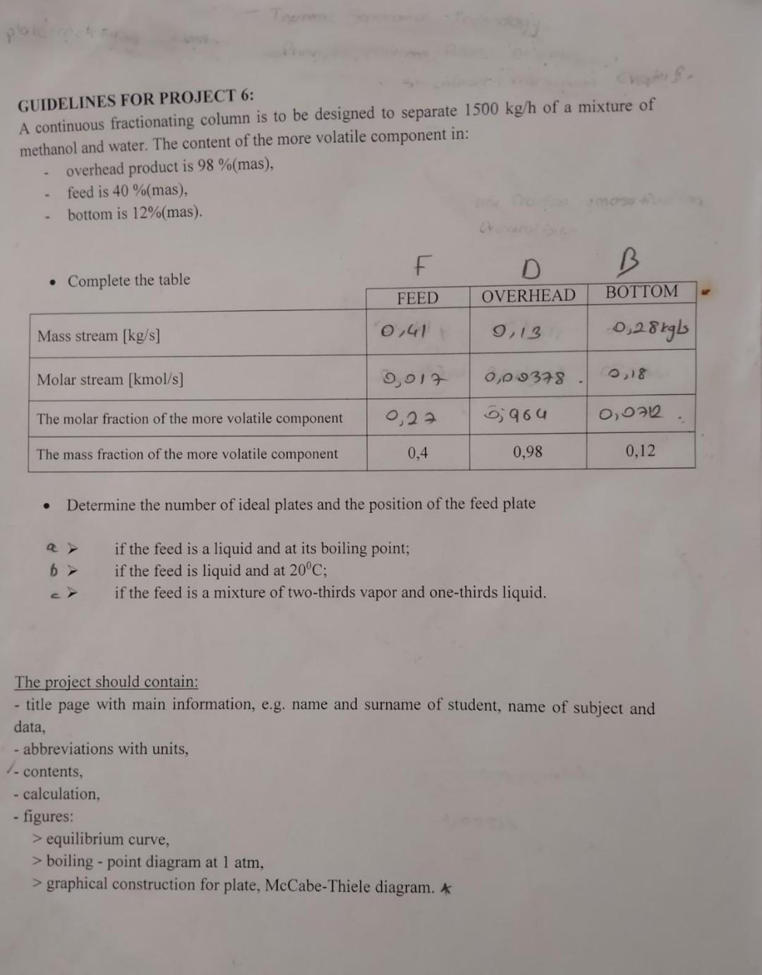 GUIDELINES FOR PROJECT 6: A continuous fractionating column is to be