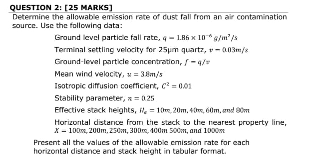  QUESTION 2: [25 MARKS] Determine the allowable emission rate of dust