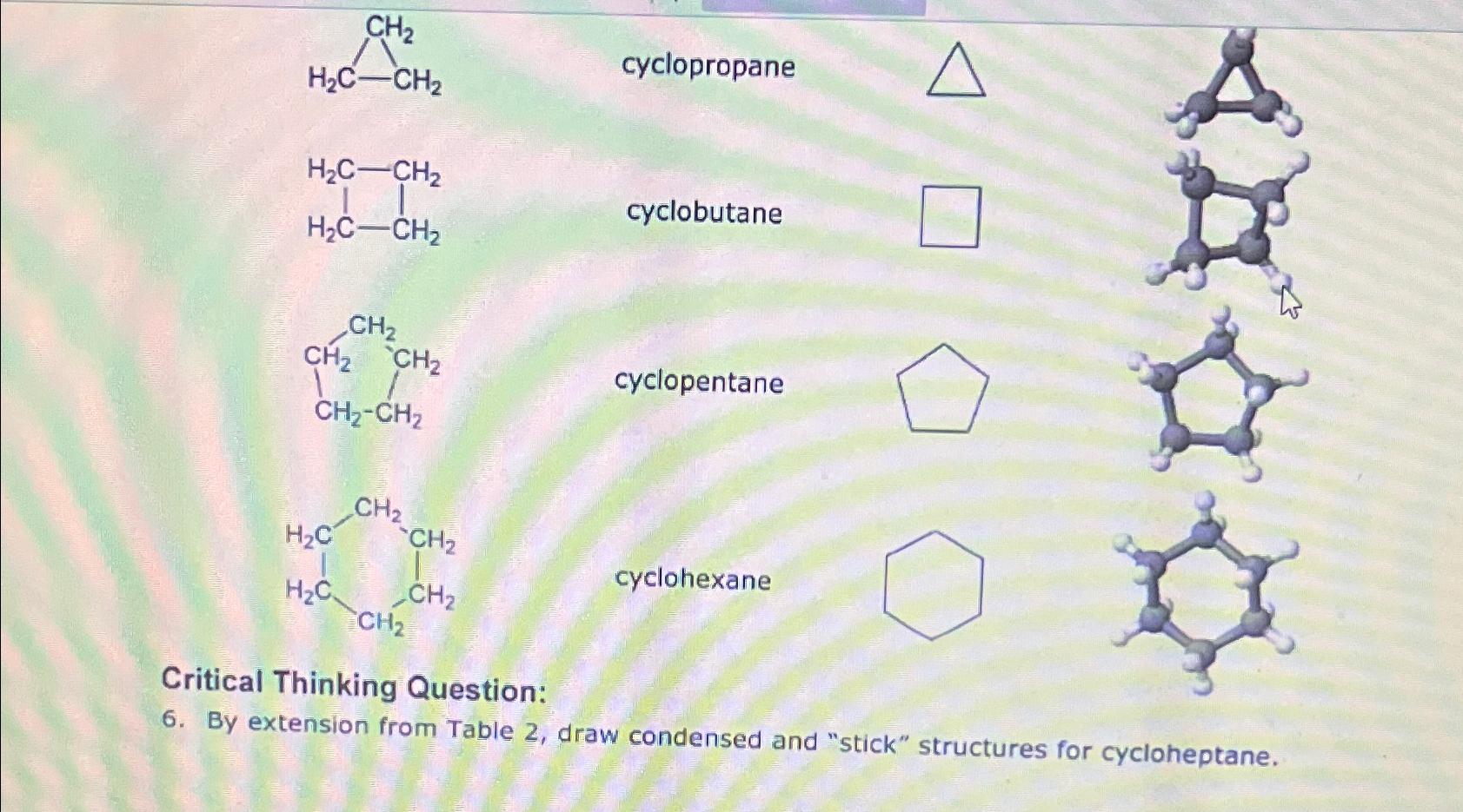 cyclopropane cyclobutane cyclopentane cyclohexane Critical Thinking Question: 6. By extension from
