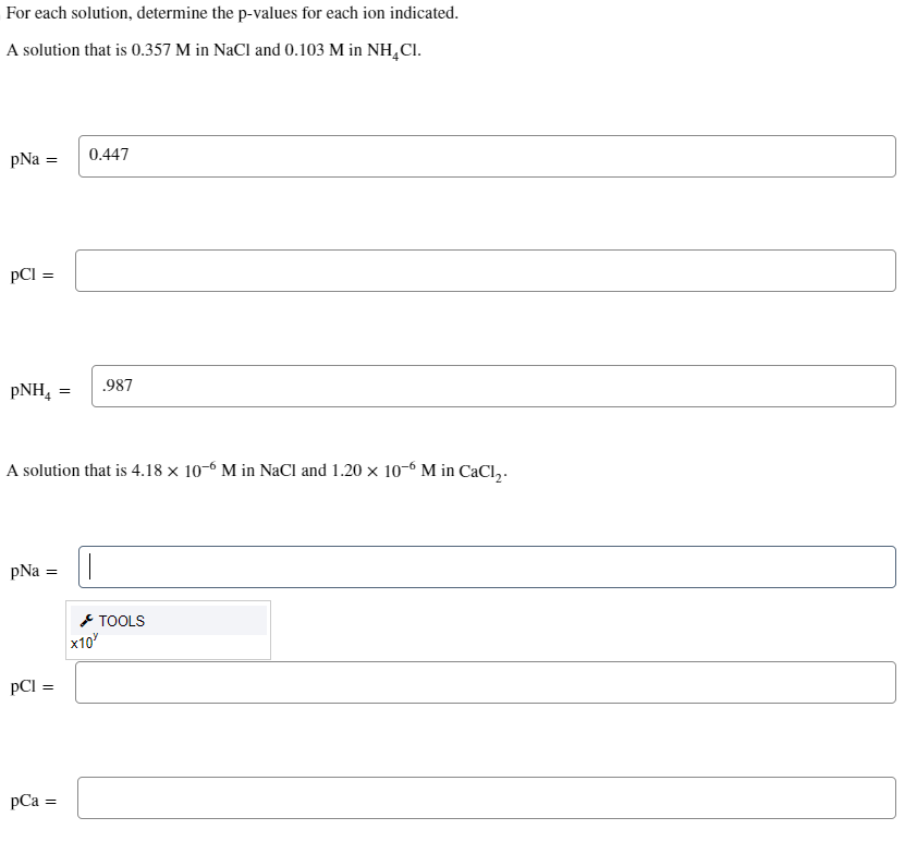 A solution that is 0.357M in NaCl and 0.103M in NH4Cl. pNa=