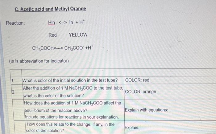  PLEASE answer quickly with equations C. Acetic acid and Methyl Orange
