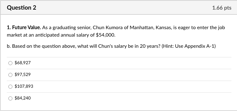  Question 2 1.66 pts 1. Future Value. As a graduating senior,