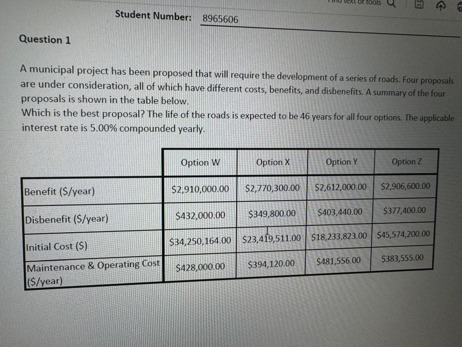  Student Number: 8965606 Question 1 A municipal project has been proposed