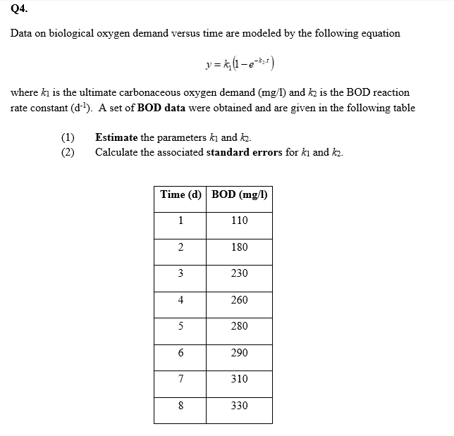  Q4. Data on biological oxygen demand versus time are modeled by