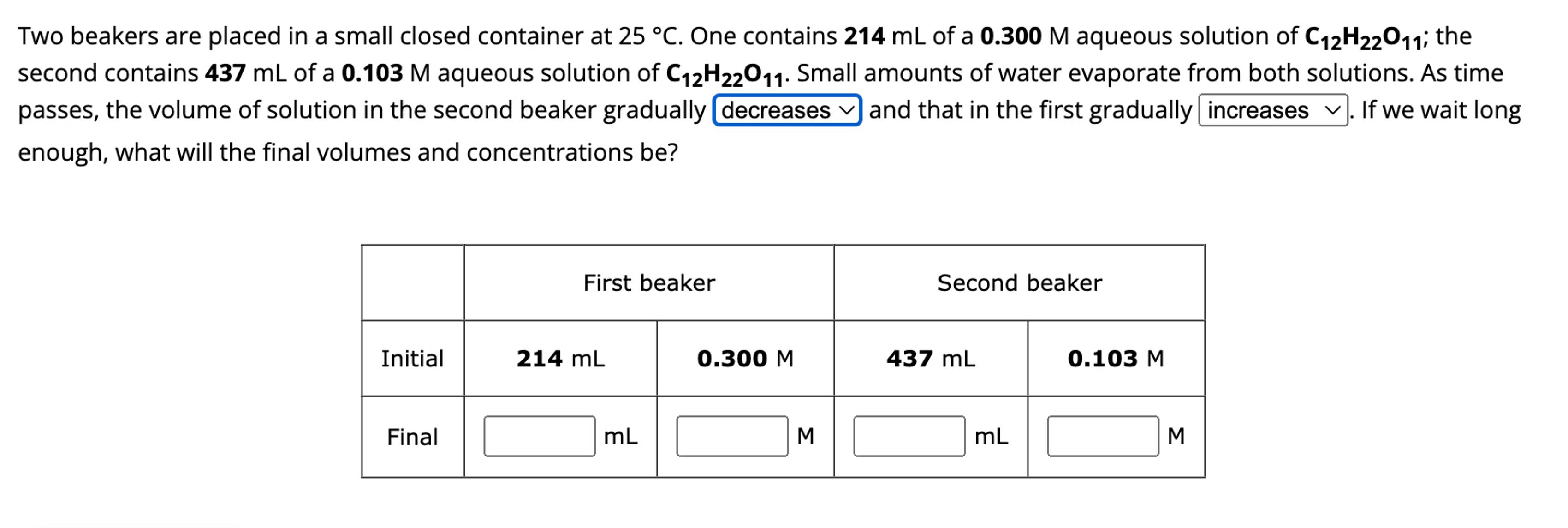  Two beakers are placed in a small closed container at 25C.
