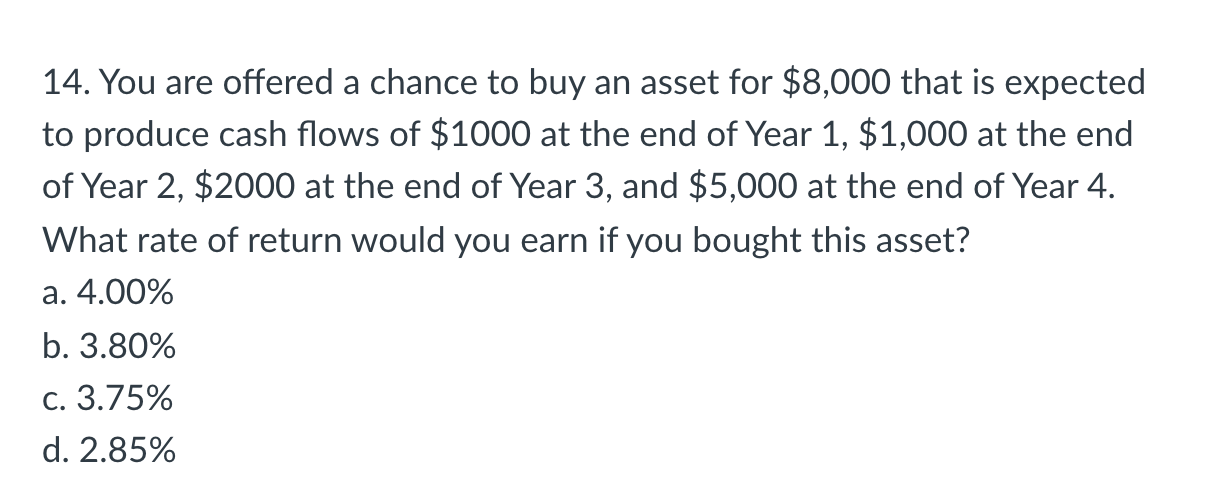 I used the =IRR function in excel and got 4%, but