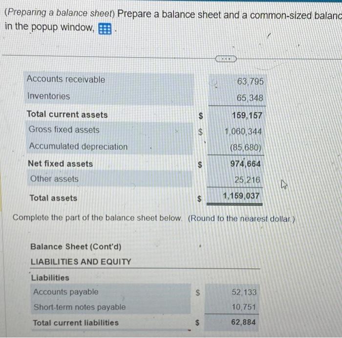  (Preparing a balance sheet) Prepare a balance sheet and a common-sized