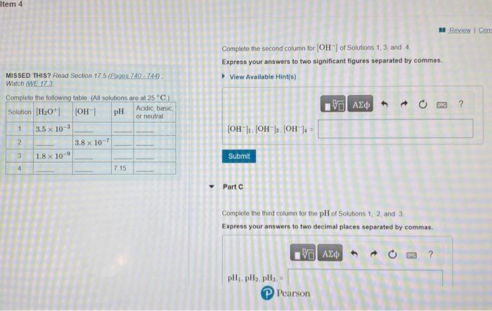  Complete the second column for [OH]of Solutions 1,3 , and 4