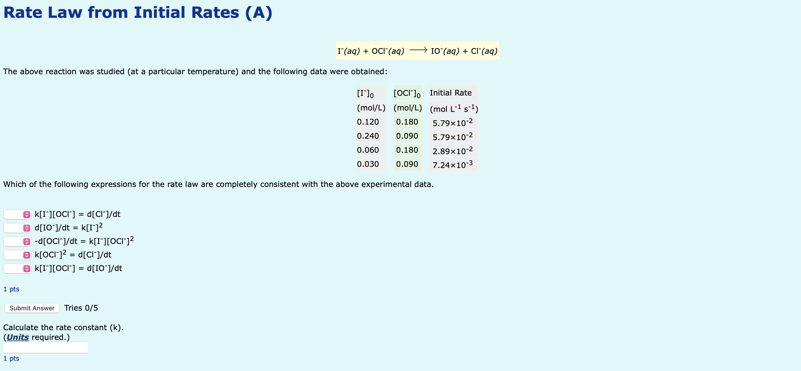  I-(aq)+ OCl-(aq)--> IO-(aq)+ Cl-(aq) The above reaction was studied (at a