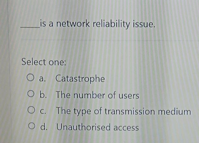  is a network reliability issue. Select one: a. Catastrophe b. The