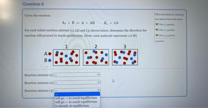 each initial reaction mixture (1), (2) and (3) shown below, determine the